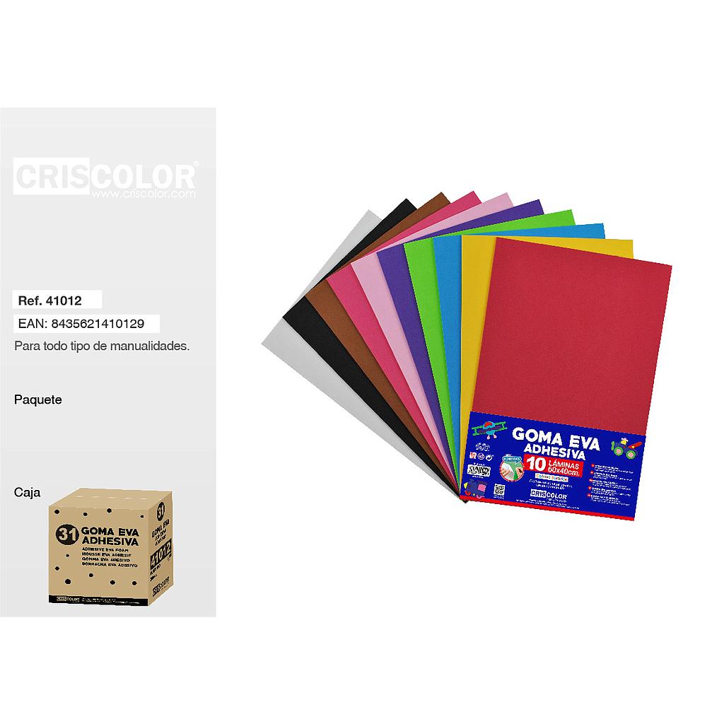 31 GOMA EVA ADHESIVA 40X60CM PAQUETE SURTIDO 10 COLORES