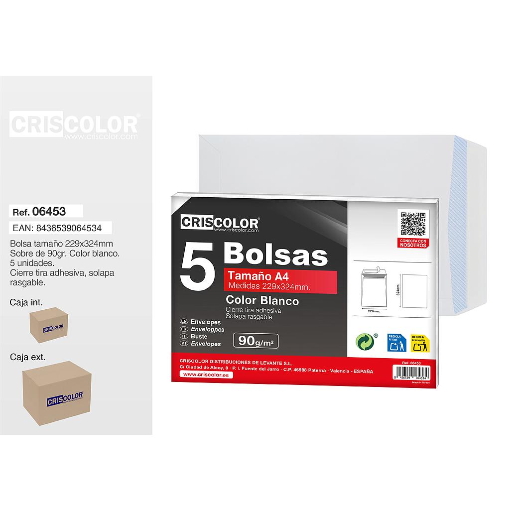 BOLSA SOBRE A4 229X324MM BLANCO PACK 5UDS (Caja 36 Packs).