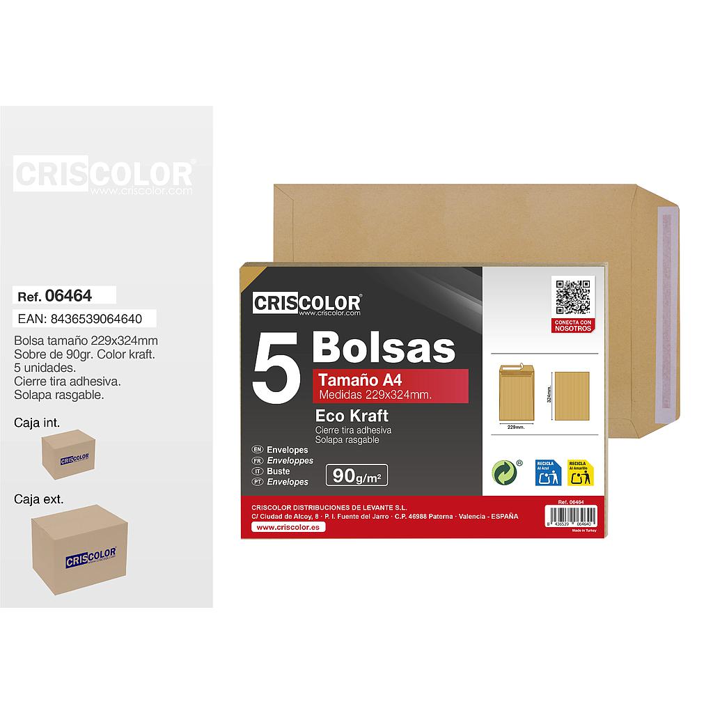 BOLSA SOBRE A4 229X324MM KRAFT PACK 5UDS (Caja 36 Packs).