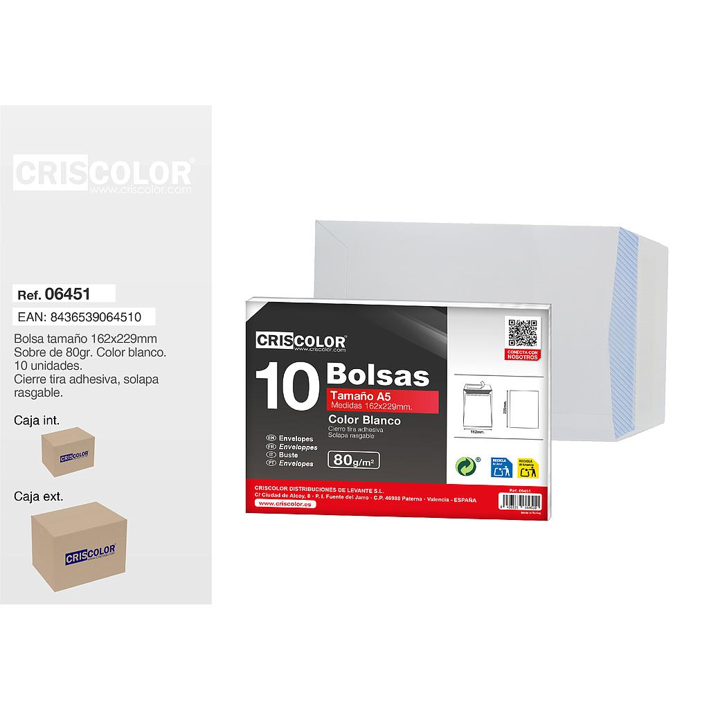BOLSA SOBRE A5 162X229MM BLANCO PACK 10UDS (Caja 36 Packs).