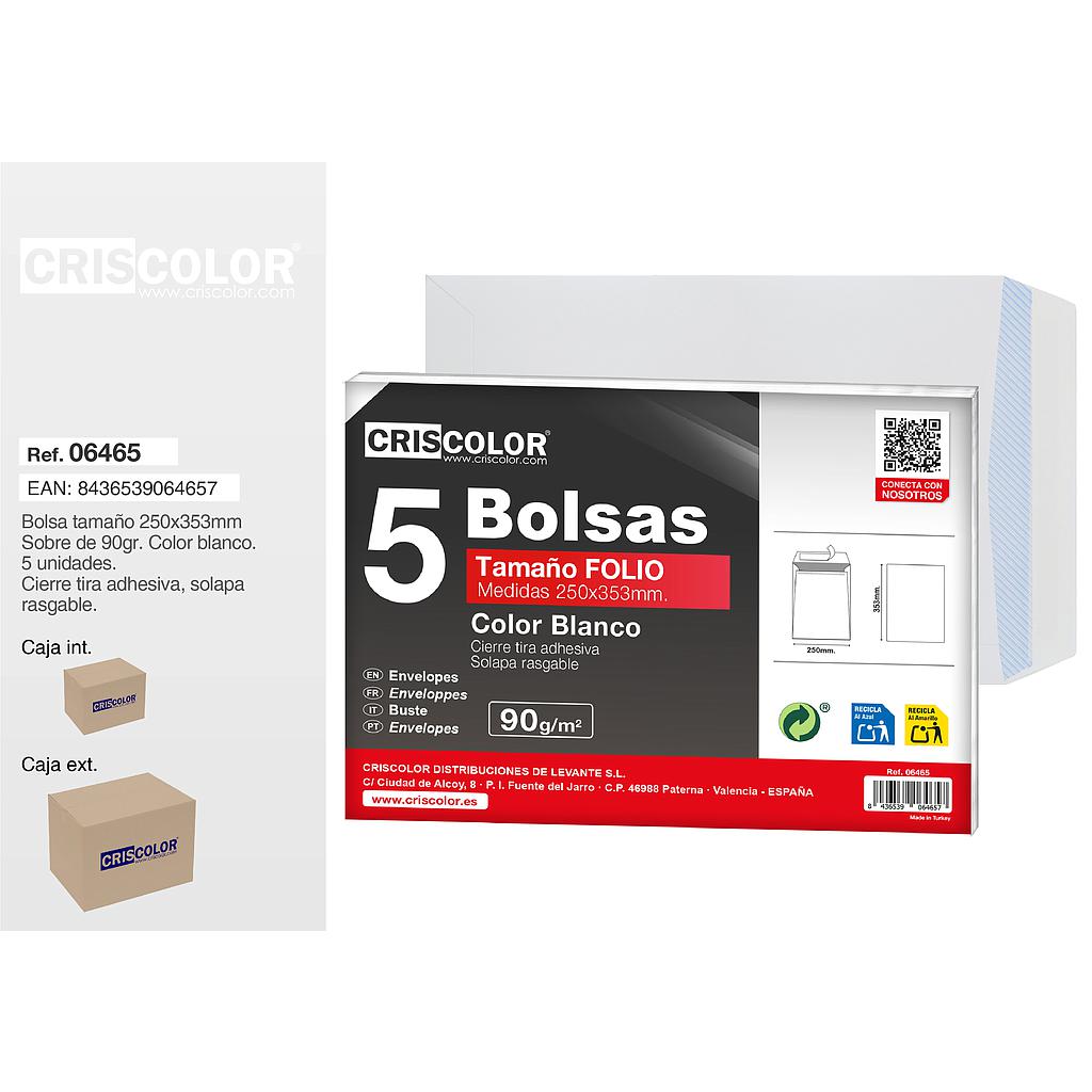 BOLSA SOBRE FOLIO 250X353MM BLANCO PACK 5UDS (Caja 36 Packs).