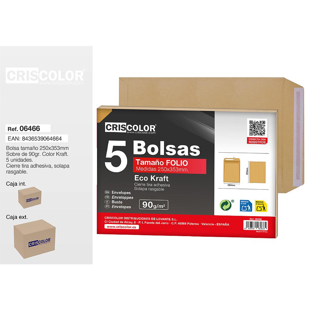 BOLSA SOBRE FOLIO 250X353MM KRAFT PACK 5UDS (Caja 36 Packs).