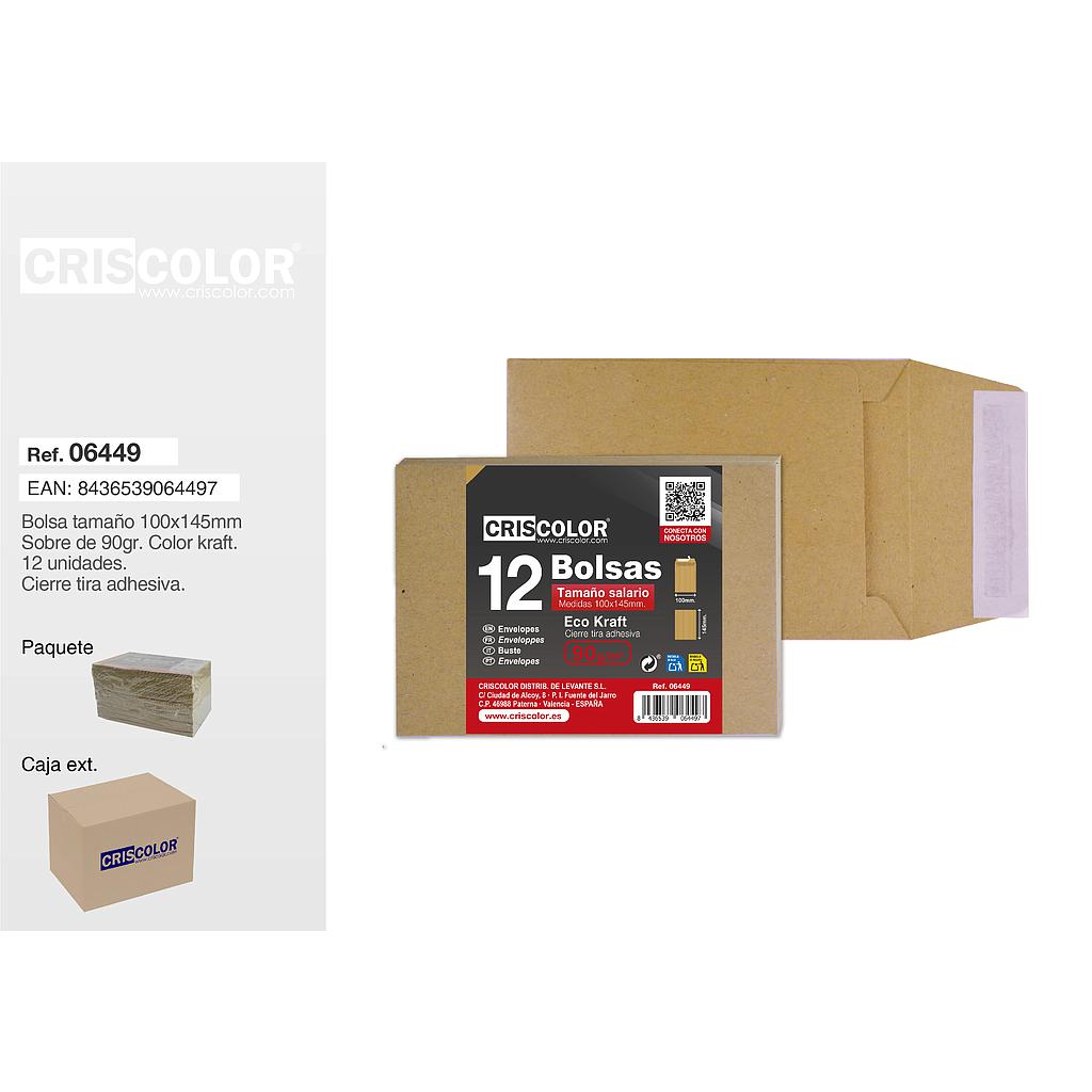 BOLSA SOBRE KRAFT 100X145MM PACK 12UDS (Paquete 12 Packs).