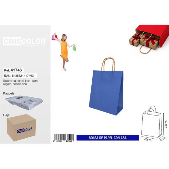 BOLSA PAPEL CON ASA 20+8X24 AZUL (PACK 25 UDS)