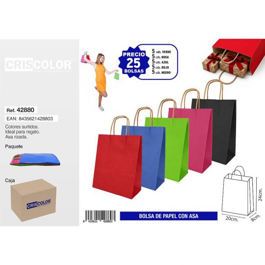 BOLSA PAPEL CON ASA 20+8X24 COLORES SURTIDOS (PACK 25 UDS)