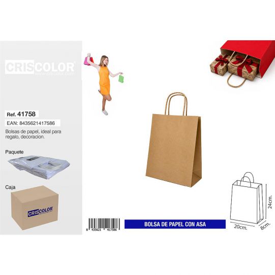 BOLSA PAPEL CON ASA 20+8X24 KRAFT (PACK 25 UDS)