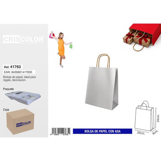 BOLSA PAPEL CON ASA 20+8X24 PLATA (PACK 25 UDS)