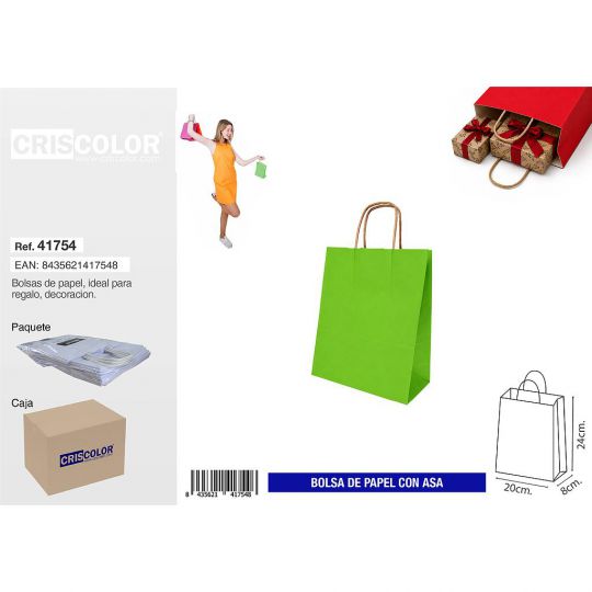BOLSA PAPEL CON ASA 20+8X24 VERDE (PACK 25 UDS)