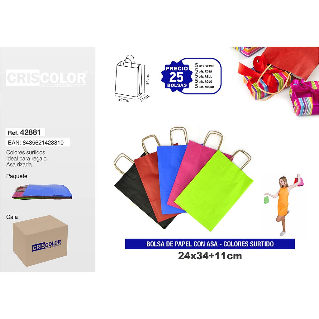 BOLSA PAPEL CON ASA 24+11X34 COLORES SURTIDOS (PACK 25 UDS)