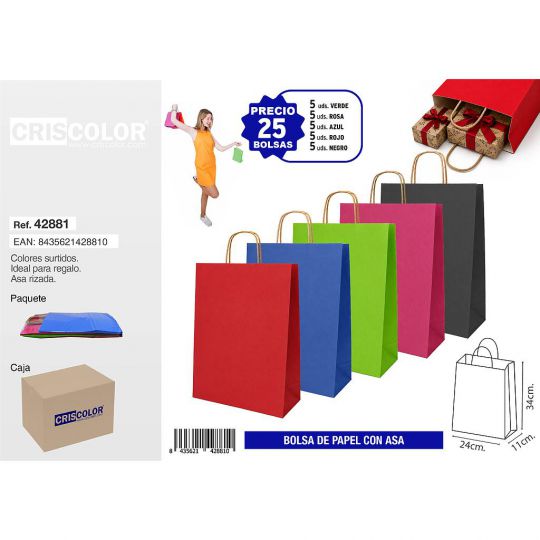 BOLSA PAPEL CON ASA 24+11X34 COLORES SURTIDOS (PACK 25 UDS)