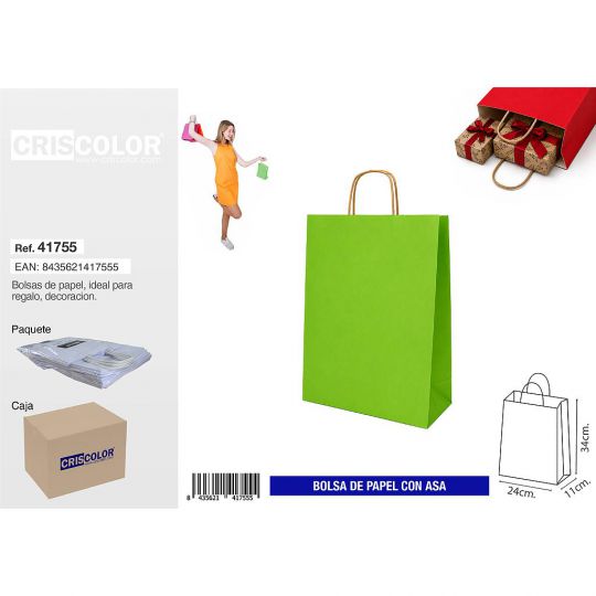 BOLSA PAPEL CON ASA 24+11X34 VERDE (PACK 25 UDS)