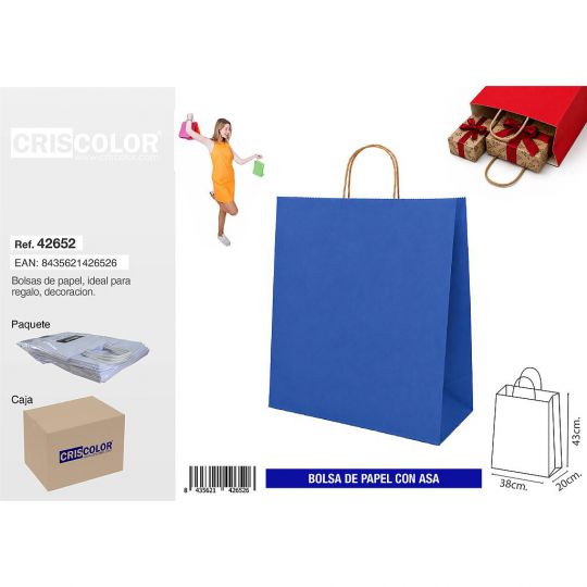 BOLSA PAPEL CON ASA 38+20X43 AZUL (PACK 25 UDS)