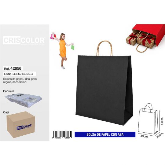 BOLSA PAPEL CON ASA 38+20X43 NEGRA (PACK 25 UDS)