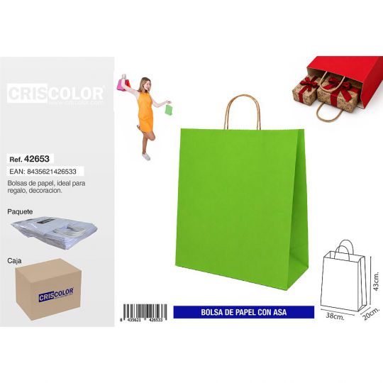 BOLSA PAPEL CON ASA 38+20X43 VERDE (PACK 25 UDS)