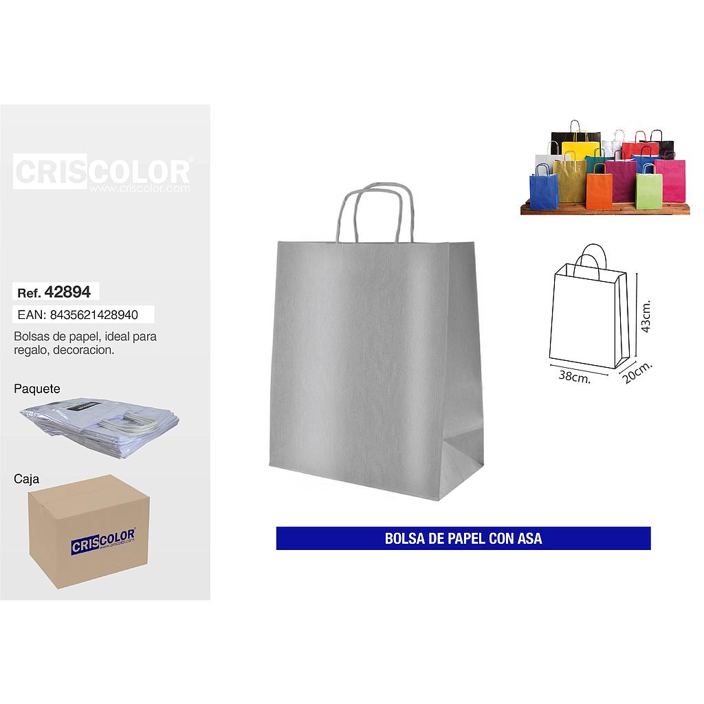 BOLSA PAPEL CON ASA 38+20x43 PLATA (PACK 25 UDS)