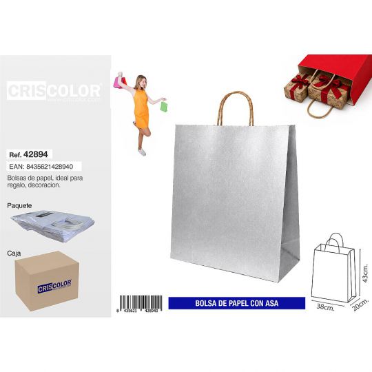 BOLSA PAPEL CON ASA 38+20x43 PLATA (PACK 25 UDS)