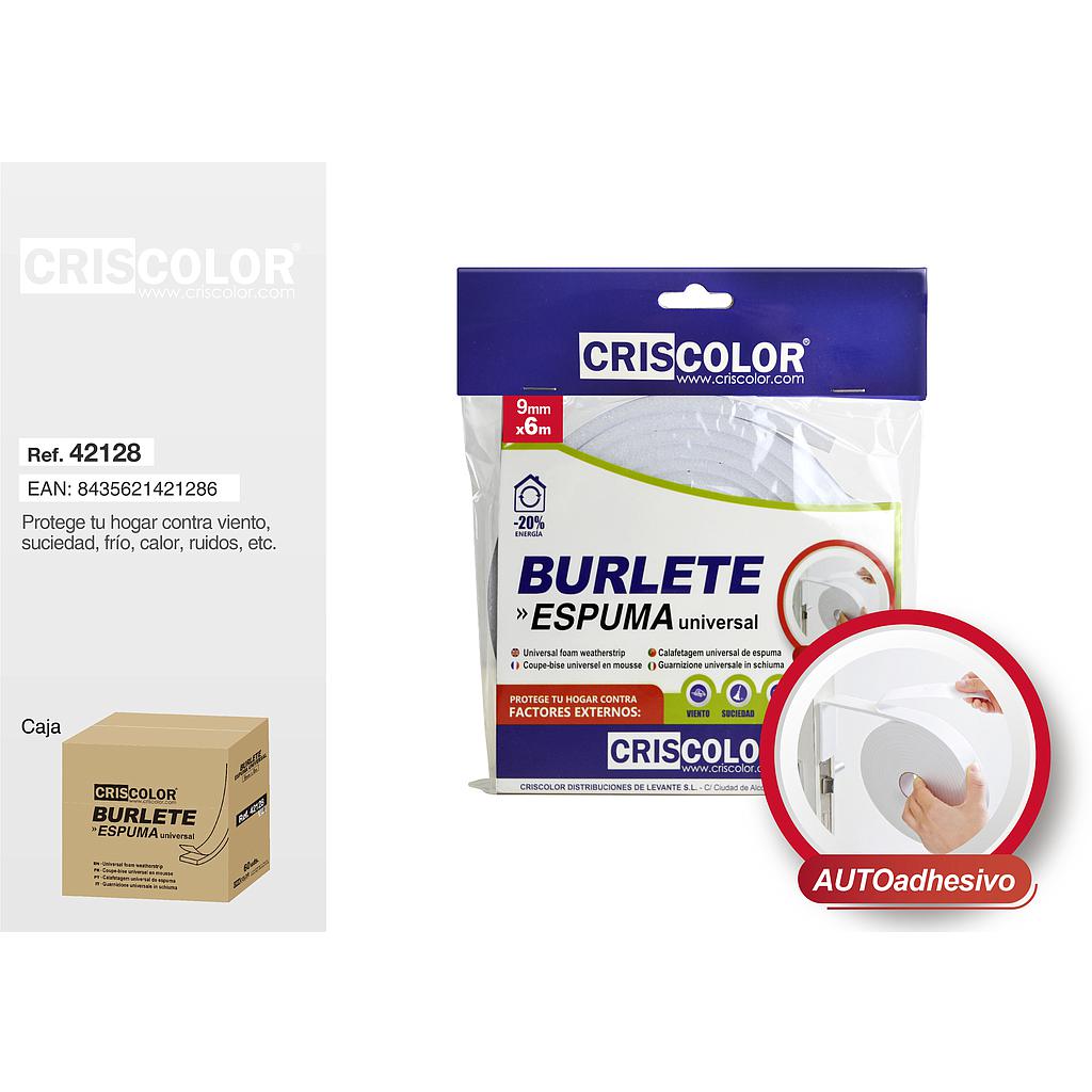BURLETE ADHESIVO ESPUMA BLANCO 9MMX6M