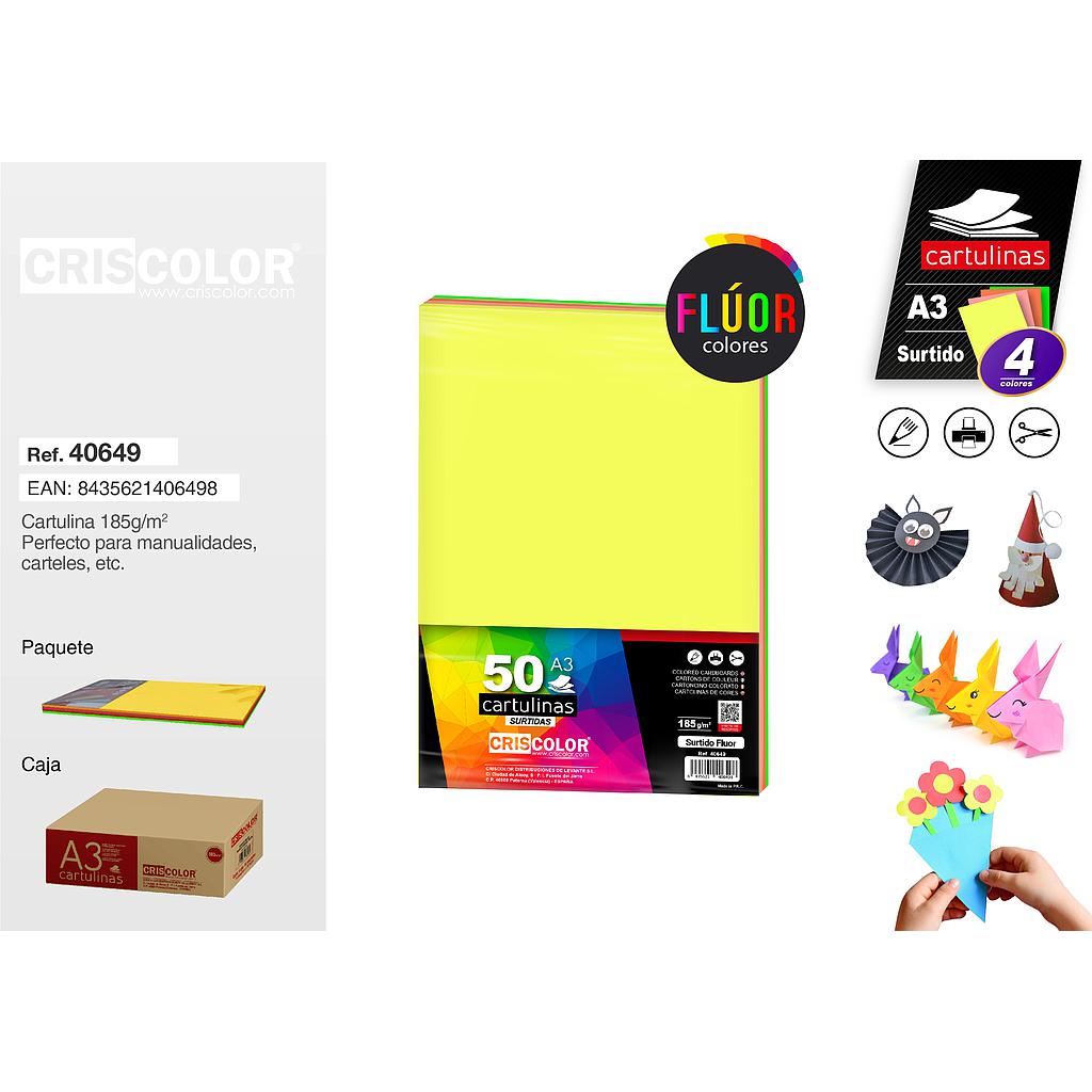 CARTULINA A3 SURTIDO FLUOR (Paquete de 50 Und. en 4 Colores)