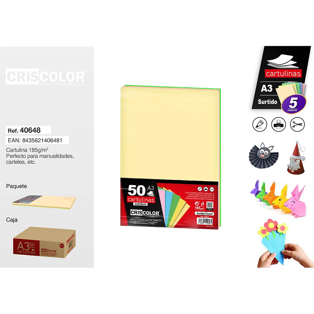 CARTULINA A3 SURTIDO PASTEL (Paquete de 50 Und. en 5 Colores)