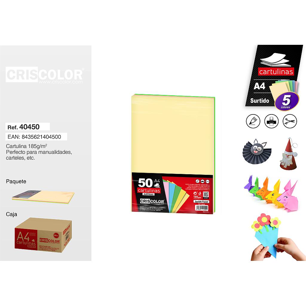 CARTULINA A4 SURTIDO PASTEL (Paquete de 50 Und. en 5 Colores)