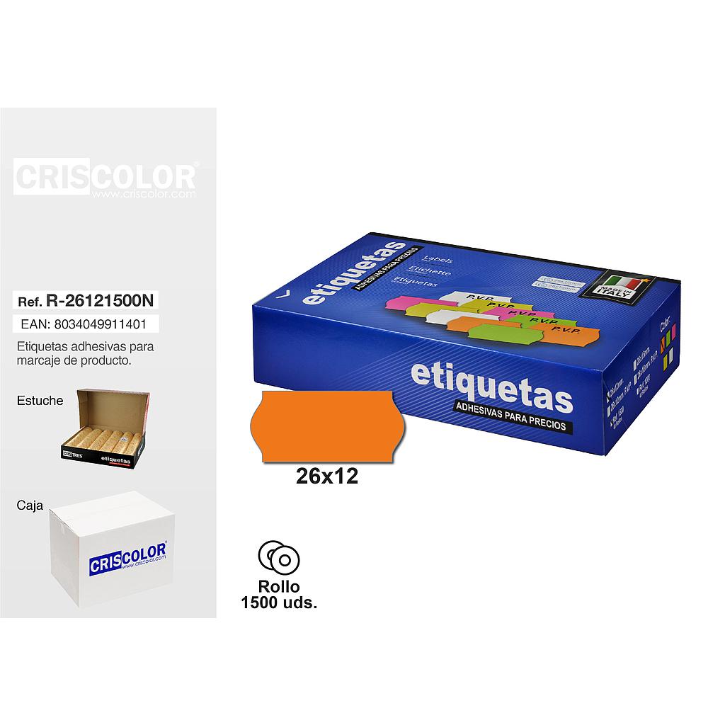 ETIQUETAS 26X12MM NARANJAS ROLLO 1500UDS (Pack 8 rollos).
