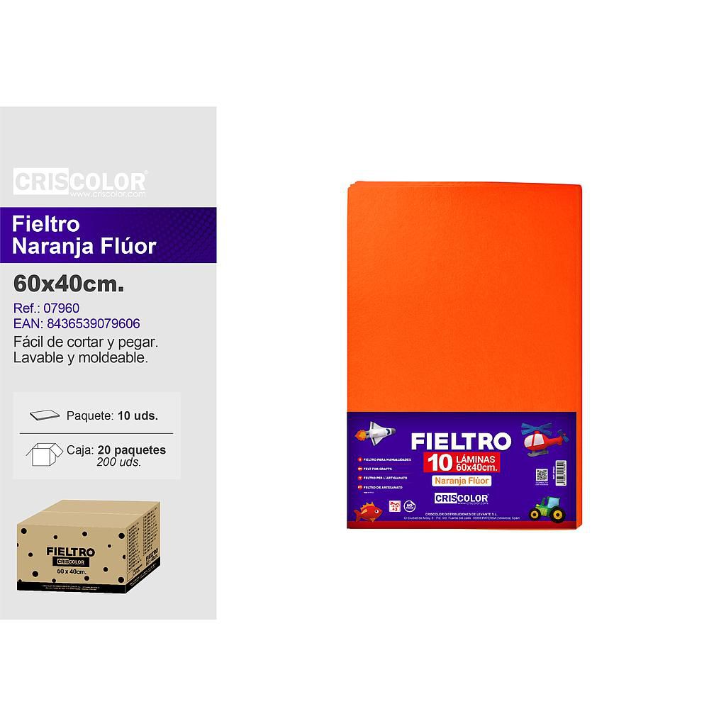 FIELTRO 40X60CM  NARANJA FLUOR PAQ.10UDS (Precio unitario).