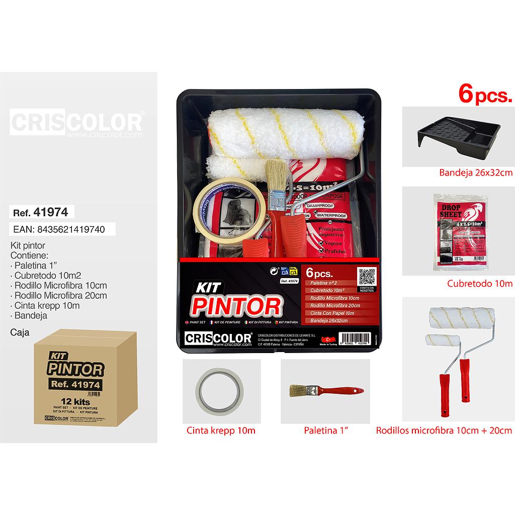 KIT PINTOR RODILLOS MICROFIBRA 10CM+20CM + BANDEJA + PALETINA+CUBRE+CINTA KREPP