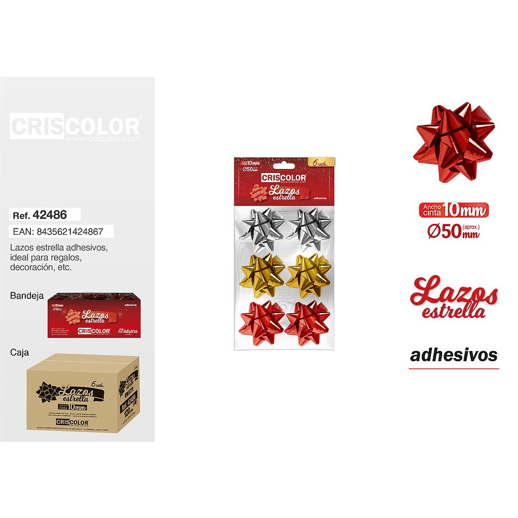 LAZOS ESTRELLA METALIZADOS 10MM  (2 ROJOS+ 2 ORO + 2 PLATA)