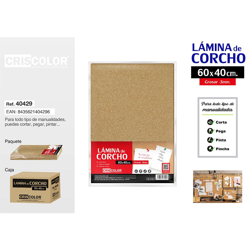 LAMINA DE CORCHO 60x40CM 3MM (Paquete de 12Und.)