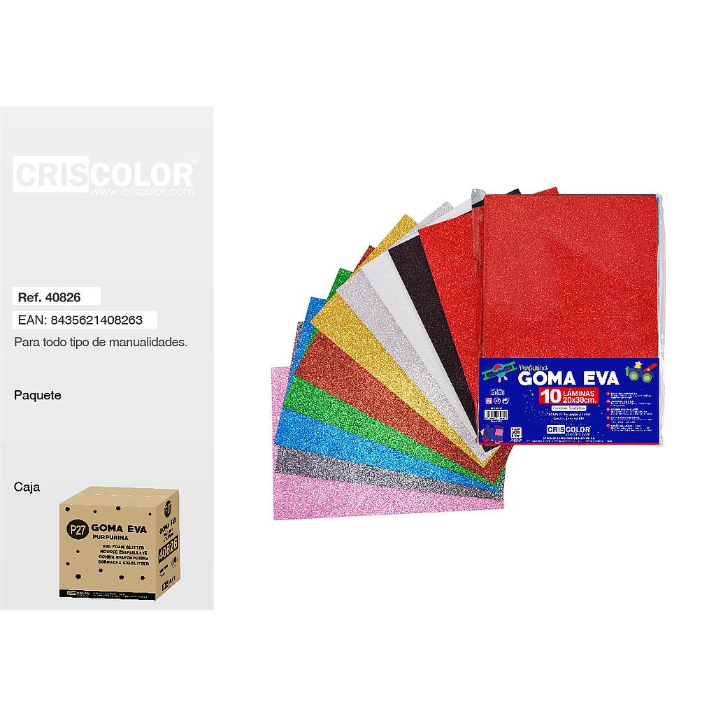 P27 GOMA EVA PURPURINA 20X30CM PAQUETE SURTIDO 10 COLORES