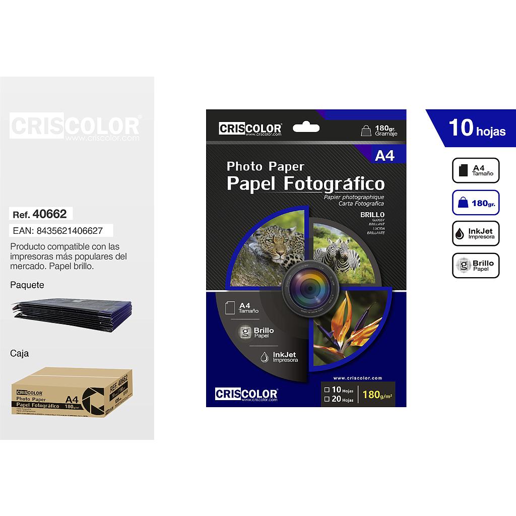 PAPEL FOTOGRAFICO A4 180G  10 HOJAS (Paquete 12Und).