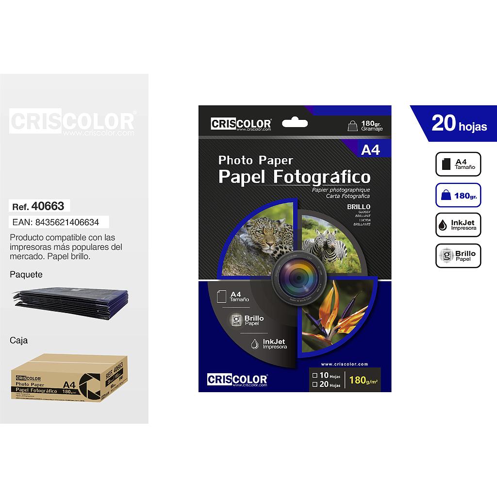 PAPEL FOTOGRAFICO A4 180G  20 HOJAS (Paquete 12Und).