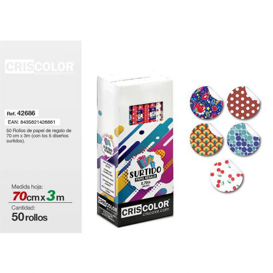 ROLLO PAPEL REGALO 70CMX3M SURTIDO (Caja 50 Und).