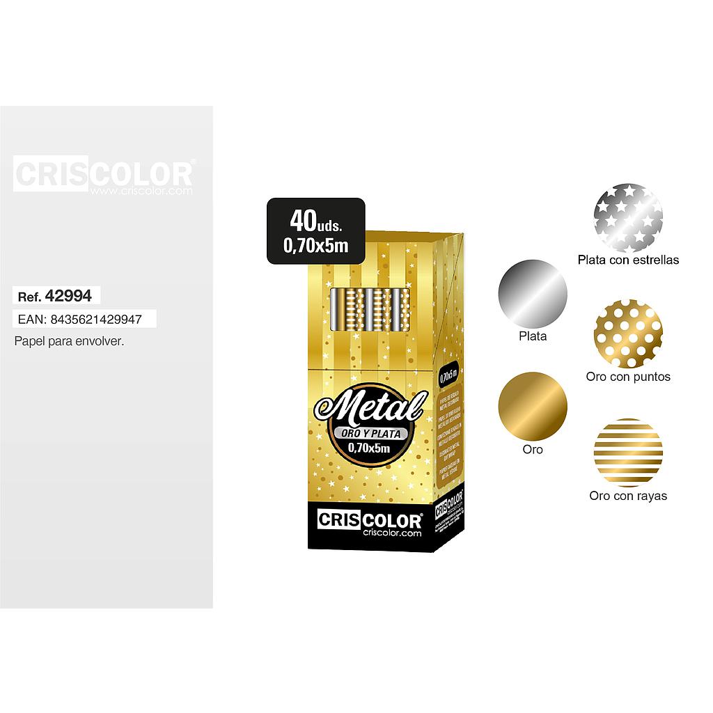 ROLLO PAPEL REGALO 70CMX5M SURTIDO METAL DECORADO (Caja 40 Und).