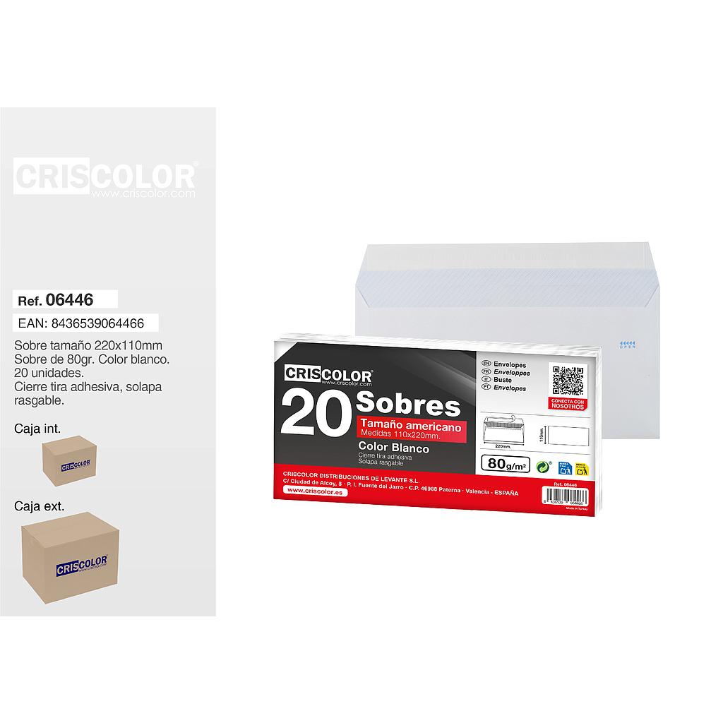 SOBRE AMERICANO 110X220MM BLANCO 20UDS (Caja 36 Packs).