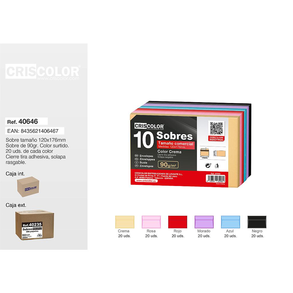 SOBRE COMERCIAL 120X176MM SURTIDO 6 COLORES (20 DE CADA COLOR - 120 Sobres)