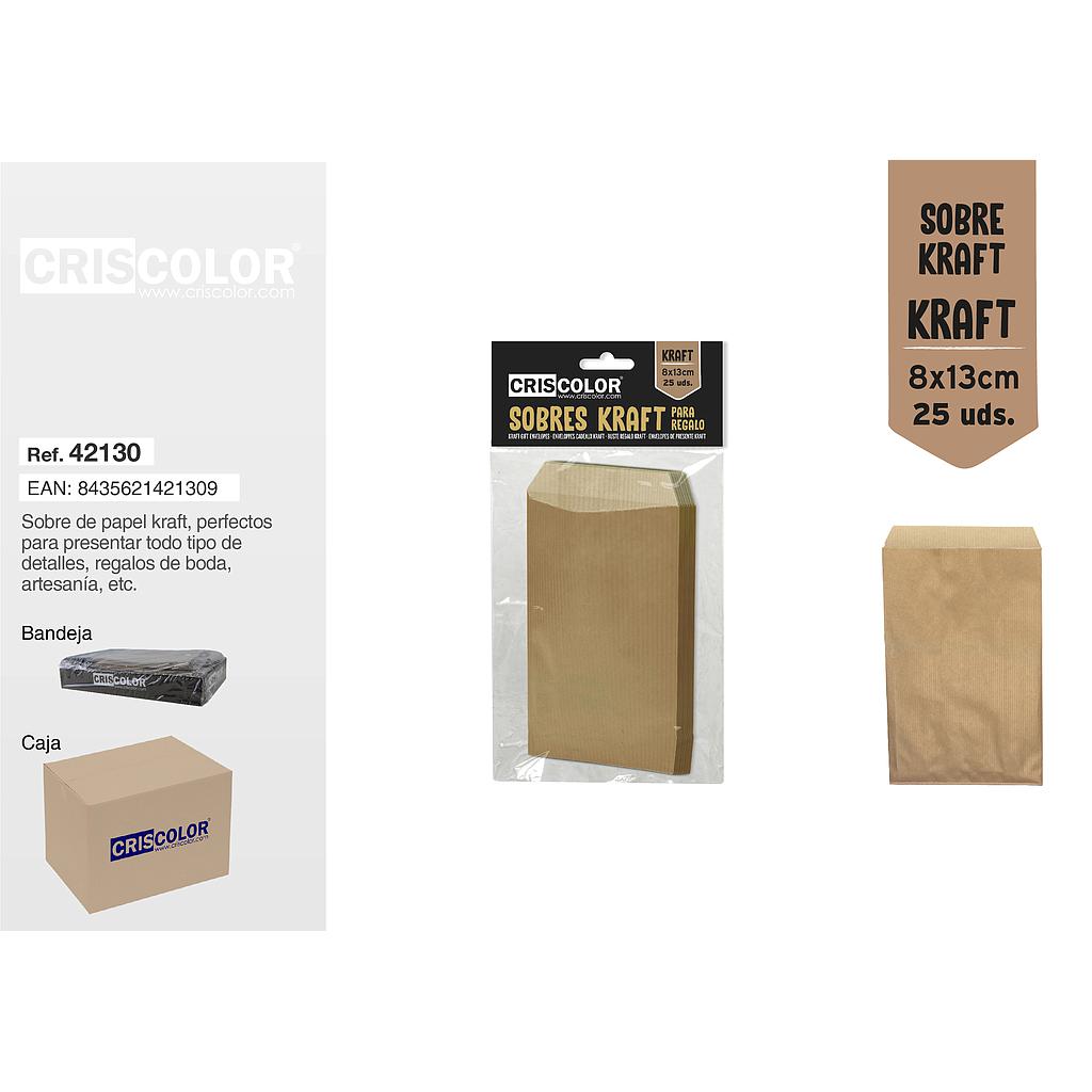 SOBRE KRAFT 8X13CM PACK 25 UDS (Caja 12 Packs).