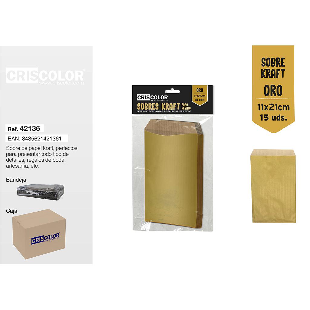 SOBRE KRAFT ORO 11x21CM PACK 15UDS (Caja 12 Packs).