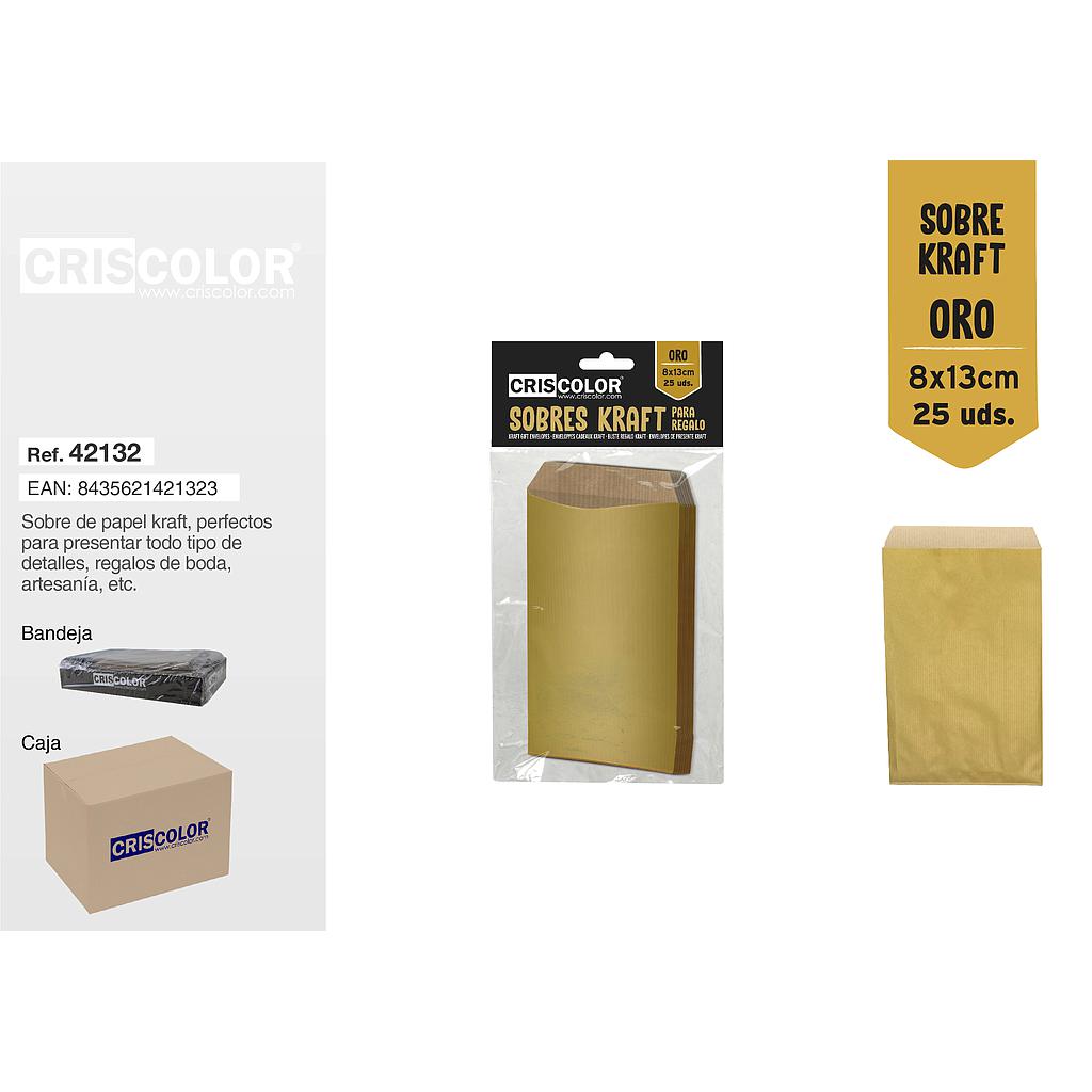 SOBRE KRAFT ORO 8X13CM PACK 25UDS (Caja 12 Packs).