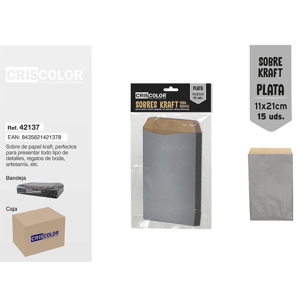 SOBRE KRAFT PLATA 11x21CM PACK 15UDS (Caja 12 Packs).