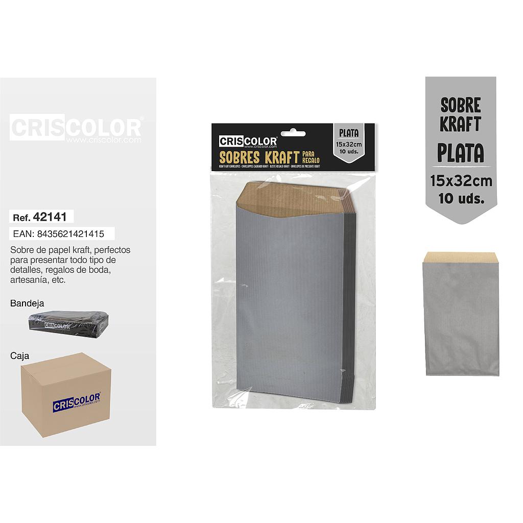 SOBRE KRAFT PLATA 15x32CM PACK 10UDS (Caja 12 Packs).