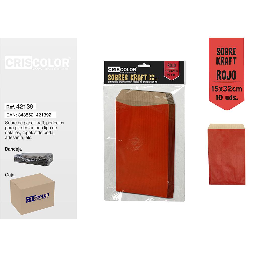 SOBRE KRAFT ROJO 15x32CM PACK 10UDS (Caja 12 Packs).