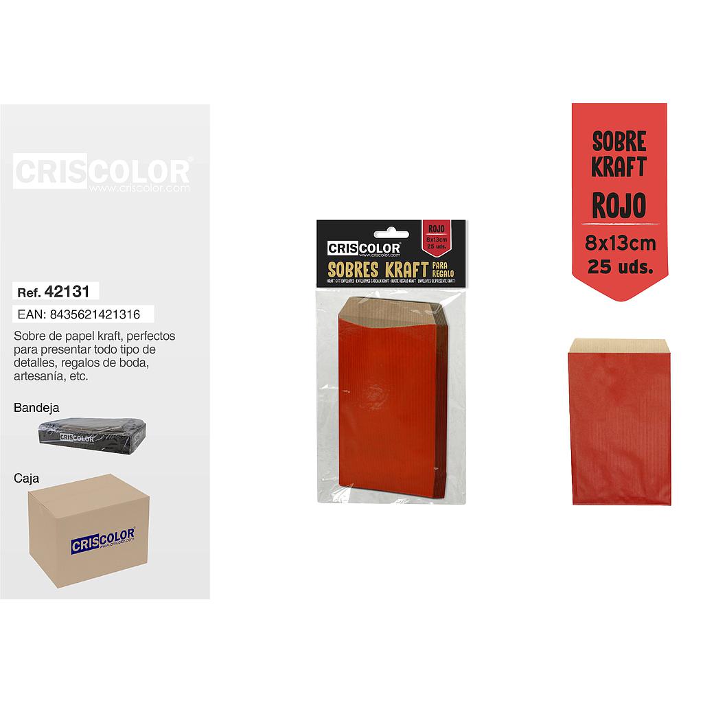 SOBRE KRAFT ROJO 8X13CM PACK 25UDS (Caja 12 Packs).