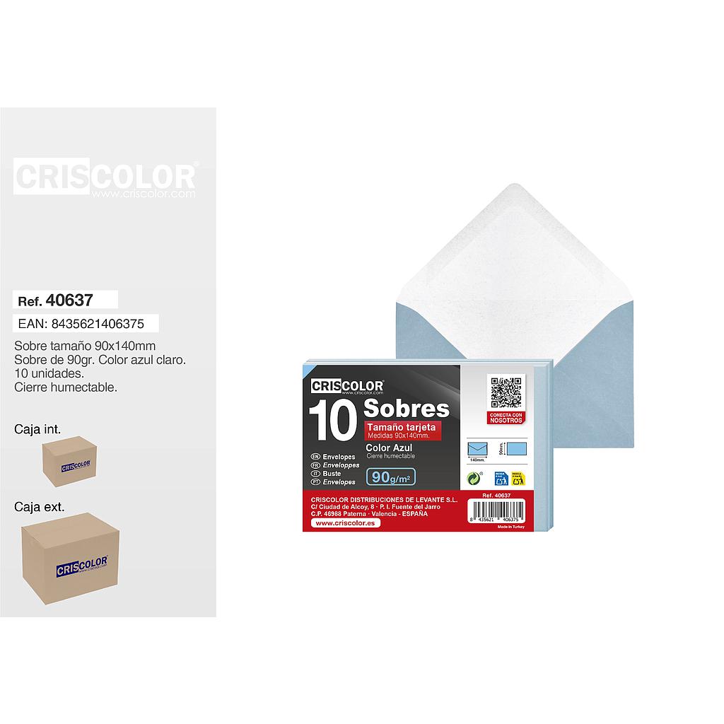 SOBRE TARJETA 90X140MM AZUL PACK 10UDS (Caja 50 Packs).