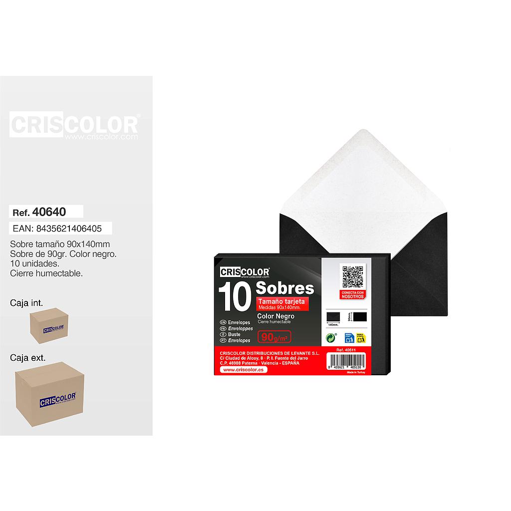 SOBRE TARJETA 90X140MM NEGRO PACK 10UDS (Caja 50 Packs).