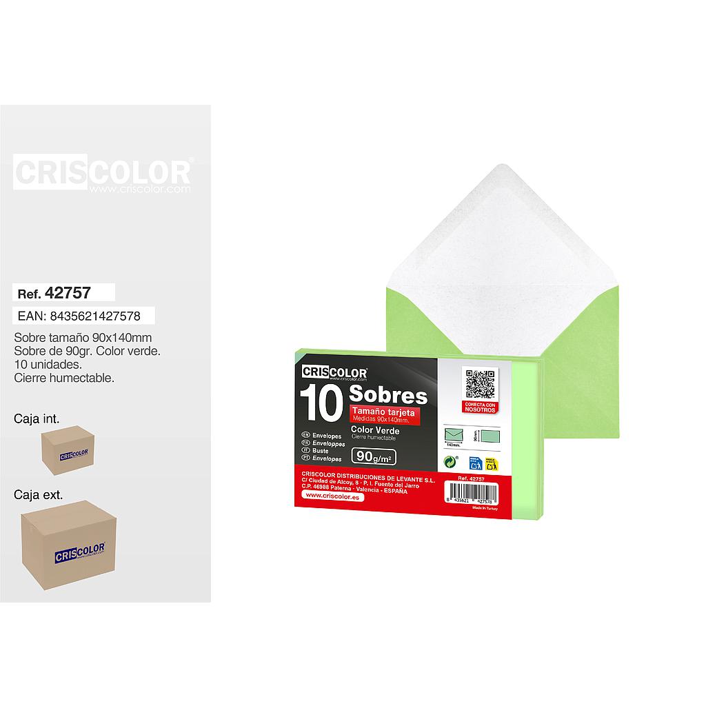SOBRE TARJETA 90X140MM VERDE PACK 10UDS (Caja 50 Packs).