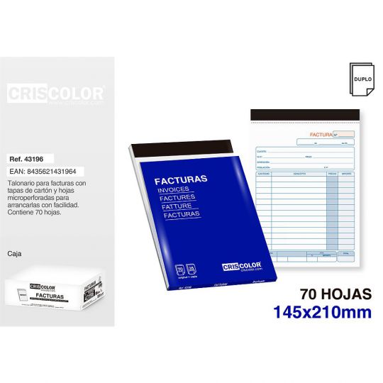 FACTURAS 145X210MM DUPLICADO 70 HOJAS 35 JUEGOS (Pack 12Und).
