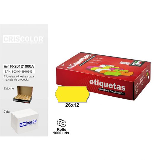 ETIQUETAS 26X12MM AMARILLAS ROLLO 1000UDS (Pack 8 rollos).