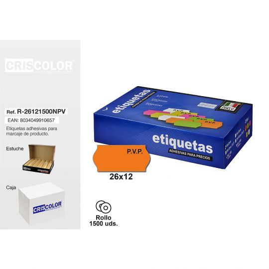 ETIQUETAS 26X12MM PVP NARANJAS ROLLO 1500UDS (Pack 8 rollos).