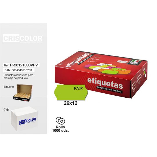 ETIQUETAS 26X12MM PVP VERDES ROLLO 1000UDS (Pack 8 rollos).
